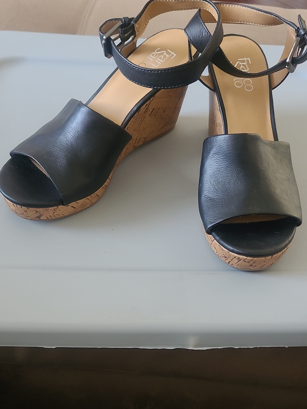 Franco Sarto Black Cork Wedge Sandals Size 10 - Picture 2 of 8